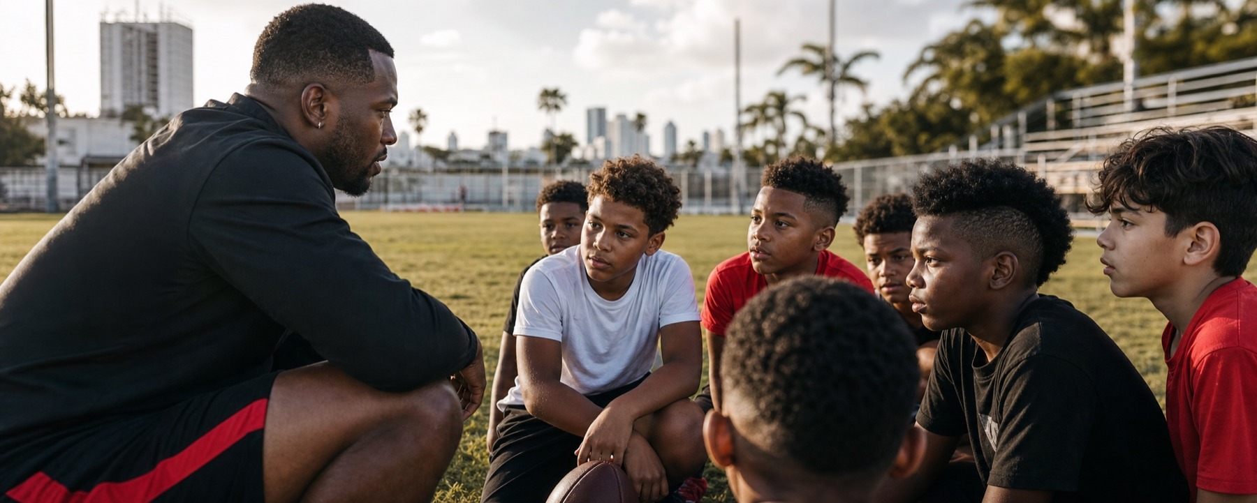 Youth football mentorship on a community field